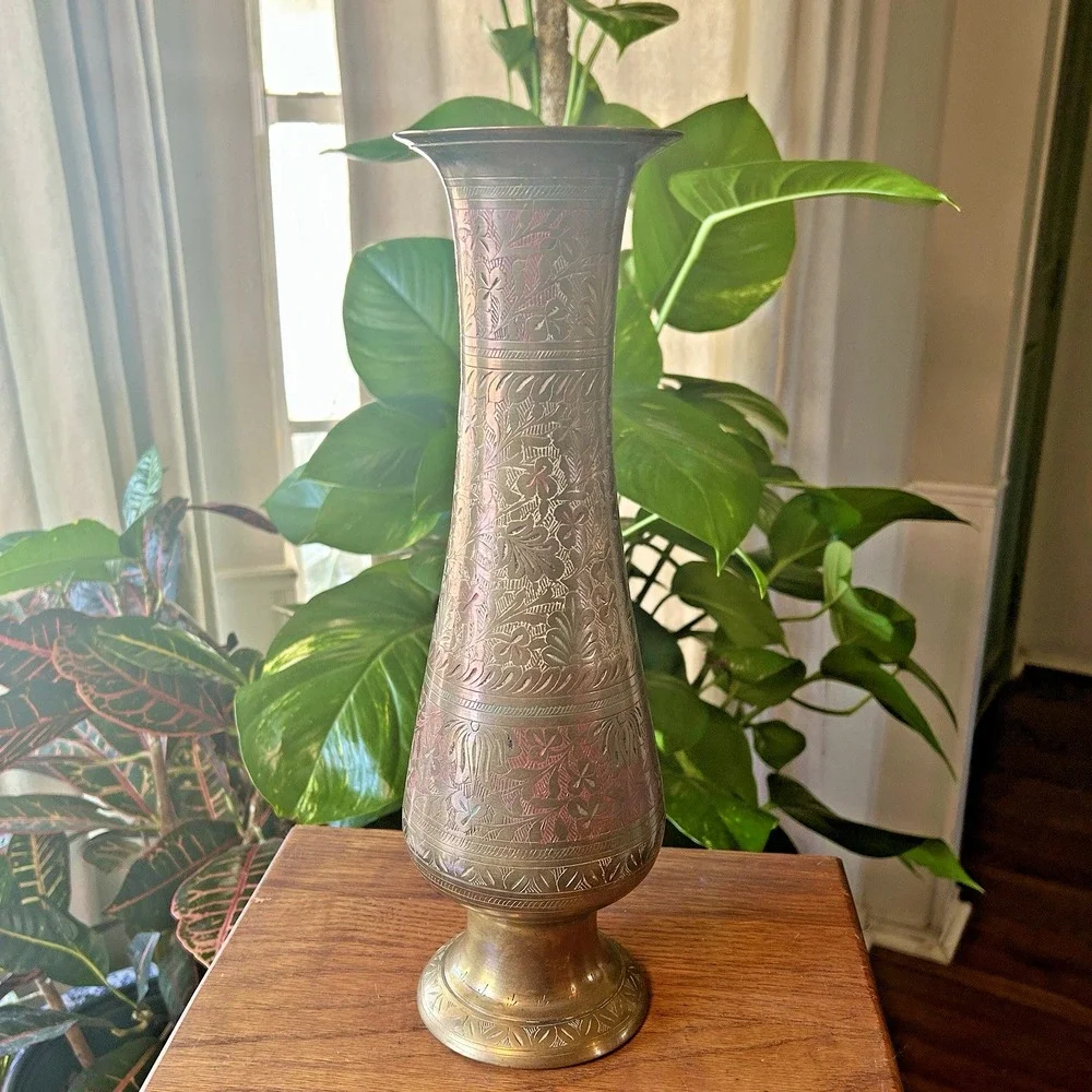 VTG Etched 14 inch Indian Brass Vase Colored Inlay Botanical Pattern Boho MCM